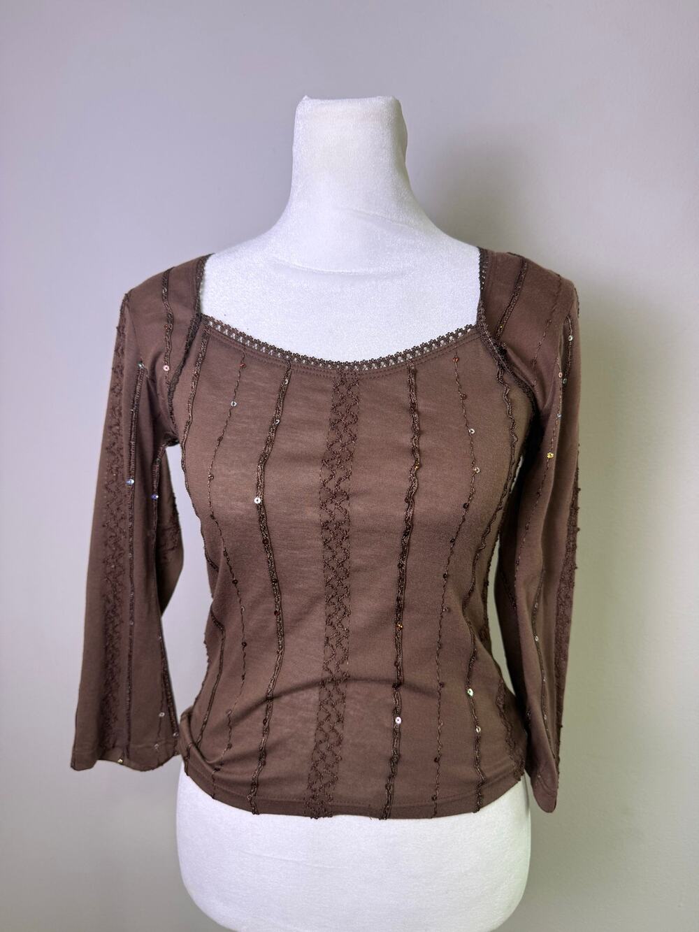 Y2K Via Vai Brown Sequin 3/4 Sleeve Top Womens S Made USA Fairy Grunge
